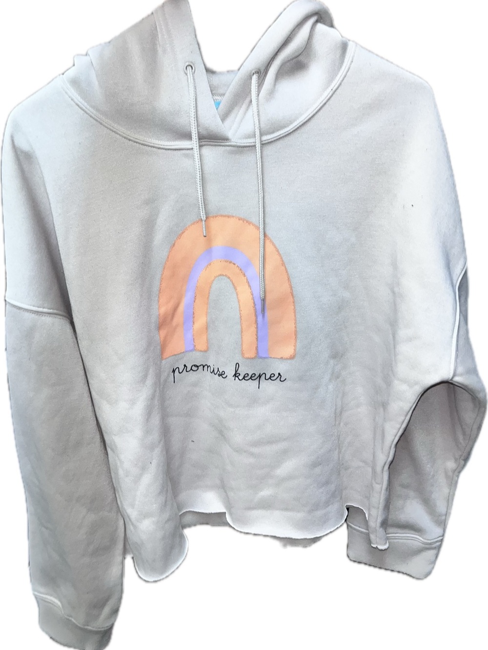 White Hoodie w/ Pastel Rainbow "promise keeper" cropped top long sleeve vintage